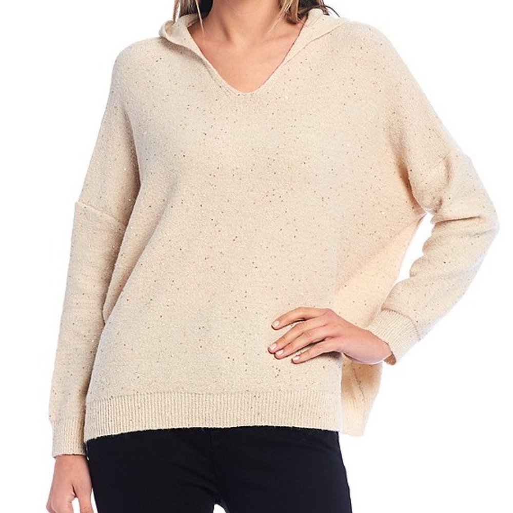 Elan Sequin Knit Hooded V-Neck Sweater M